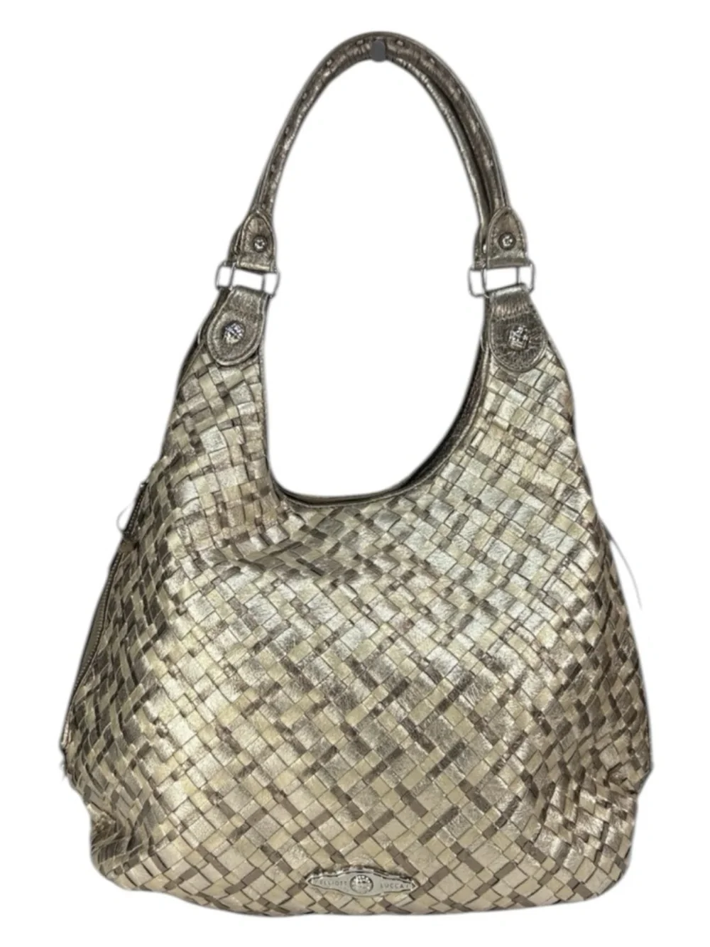 Elliott Lucca Silver Platinum Woven Leather Hobo Shoulder Bag Expandable Sides
